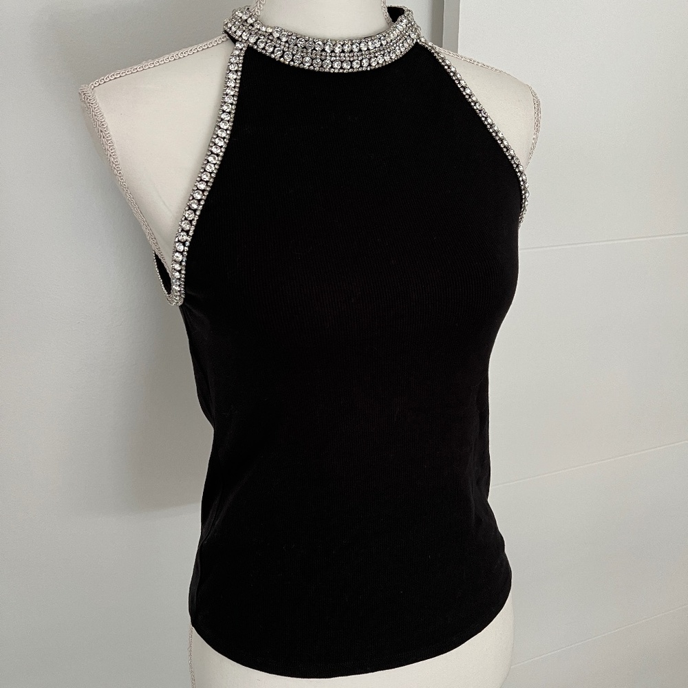 Generation Love Black Sleeveless Razor Back Rhinestone Trim Top NWT